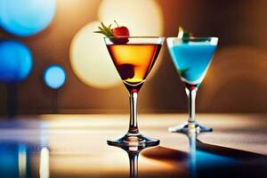 two cocktails sit on a table with a bright light behind them. AI-Generated photo