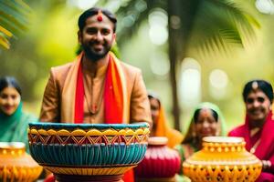 a man in traditional indian attire is holding a pot. AI-Generated photo