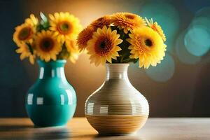 two vases with yellow flowers sitting on a table. AI-Generated photo