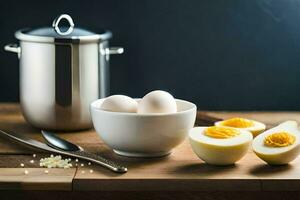 a bowl of boiled eggs and a silver pot. AI-Generated photo
