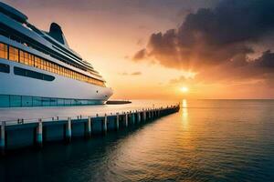 un crucero Embarcacion atracado a el final de un muelle. generado por ai foto