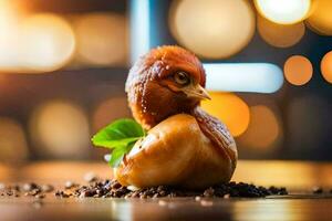 un pollo sentado en parte superior de un pila de café frijoles. generado por ai foto