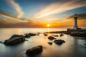 un faro es visto a puesta de sol con rocas y agua. generado por ai foto