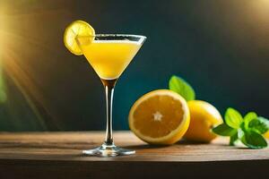 a cocktail with lemon and mint on a wooden table. AI-Generated photo