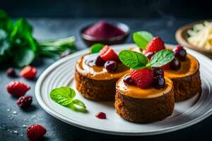 Tres mini pasteles con bayas y menta hojas. generado por ai foto