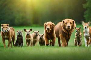 un grupo de perros y cachorros corriendo en el césped. generado por ai foto