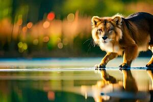 a brown and white dog walking across a lake. AI-Generated photo