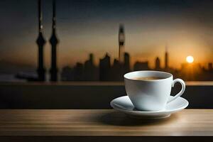 a cup of coffee on a wooden table in front of a cityscape. AI-Generated photo