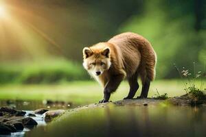 un rojo zorro es caminando a lo largo un río banco. generado por ai foto