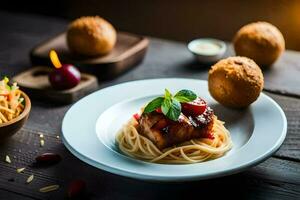 a plate of spaghetti with meat and bread. AI-Generated photo