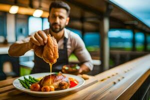 un hombre es participación un pollo en un lámina. generado por ai foto