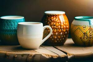 a group of colorful ceramic mugs sitting on a wooden table. AI-Generated photo