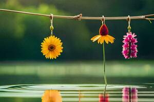 three flowers hanging from a rope over water. AI-Generated photo