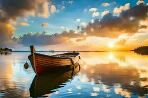 un barco es flotante en el agua a puesta de sol. generado por ai foto