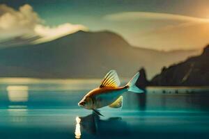 a fish is swimming in the water with mountains in the background. AI-Generated photo