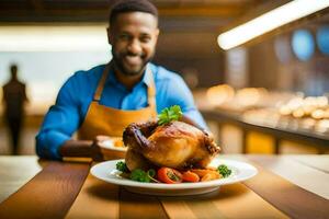 a man is holding a turkey on a plate. AI-Generated photo
