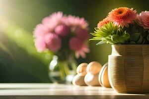 un florero con flores y huevos en un mesa. generado por ai foto