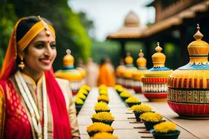 a woman in traditional indian attire is smiling at the camera. AI-Generated photo