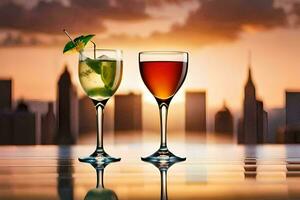 two glasses of wine and a cocktail on a table in front of a city skyline. AI-Generated photo