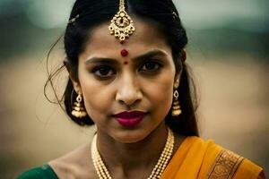 a woman wearing a sari and jewelry. AI-Generated photo