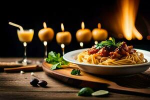 spaghetti with tomato sauce and meat on a wooden table. AI-Generated photo
