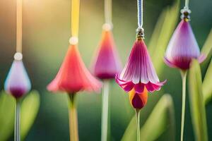 a group of colorful flowers hanging from strings. AI-Generated photo