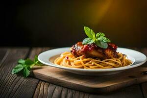 chicken with spaghetti and tomato sauce on a plate. AI-Generated photo