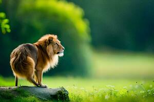 a lion standing on a rock in the middle of a field. AI-Generated photo