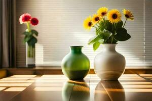 two vases with flowers sitting on a table. AI-Generated photo