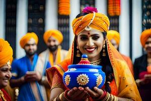 a bride in indian attire holding a pot. AI-Generated photo