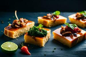 four square pieces of cake with meat and vegetables. AI-Generated photo