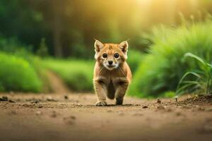 un bebé rojo zorro corriendo en un suciedad la carretera. generado por ai foto