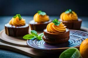 small cakes with orange frosting on a wooden plate. AI-Generated photo