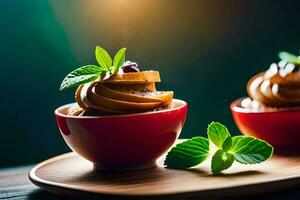 two bowls of ice cream with mint leaves on top. AI-Generated photo