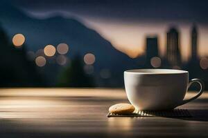 coffee mug on the table with city lights in the background. AI-Generated photo