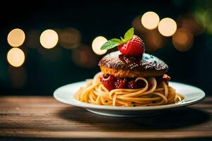 a plate of spaghetti with a strawberry on top. AI-Generated photo