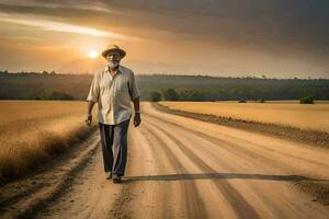 an old man walking down a dirt road at sunset. AI-Generated photo