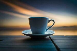 coffee cup on the table, sunset, water, sky, hd wallpaper. AI-Generated photo