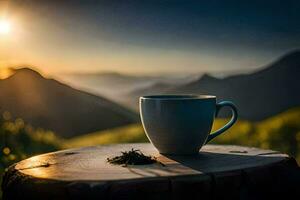 a cup of tea on a mountain top. AI-Generated photo