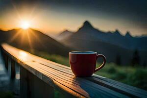 a cup of coffee on a wooden bench overlooking the mountains. AI-Generated photo