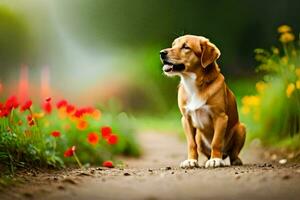 un perro sentado en un suciedad camino con flores generado por ai foto