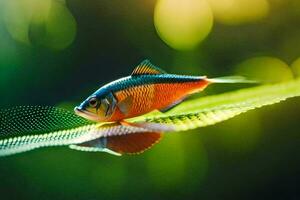 un pescado es sentado en un hoja. generado por ai foto