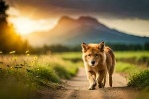 a wolf walking on a dirt road in front of a mountain. AI-Generated photo