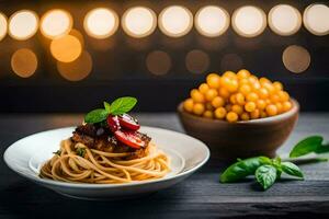 spaghetti with meat and beans on a wooden table. AI-Generated photo