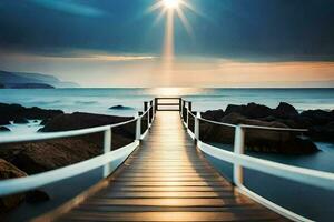 un de madera puente Guías a el Oceano a puesta de sol. generado por ai foto