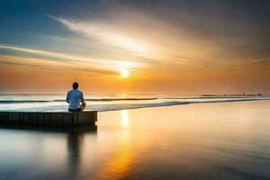 a man sitting on a dock watching the sun set over the ocean. AI-Generated photo