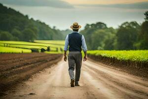 a man in a hat and vest walking down a dirt road. AI-Generated photo