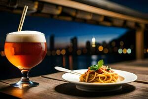 un vaso de cerveza y un plato de espaguetis con un ver de el ciudad. generado por ai foto