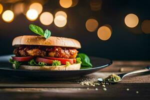 un pollo hamburguesa con tomate y lechuga en un negro lámina. generado por ai foto