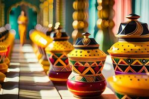 colorful pots and vases lined up in a row. AI-Generated photo